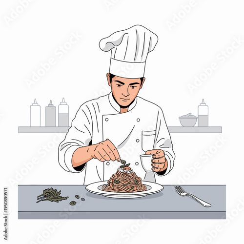 Chef Plating an Elegant Pasta Dish with Fresh Herbs in a Professional Modern Kitchen Setting