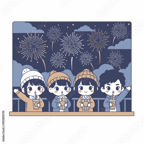 Children Happy Watching Fireworks Show Together on a Cold Night Illustration