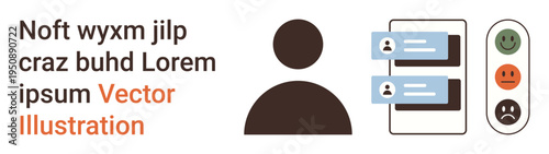 Digital communication, user feedback, customer reviews, messaging services, online interaction, user satisfaction. Profile icon, chat bubbles and emotion-based rating system. User feedback
