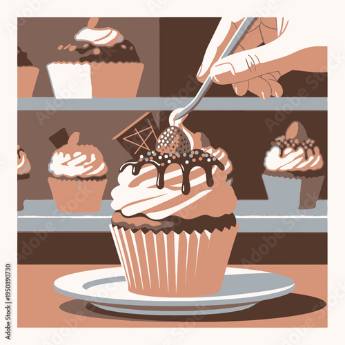 Cupcake Dessert Being Decorated with Frosting and Sprinkles by a Hand in a Bakery Setting