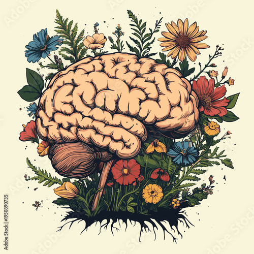 Blooming mind garden surreal illustration of a human brain sprouting colorful flowers and lush foliage symbolizing mental growth creativity and emotional wellbeing