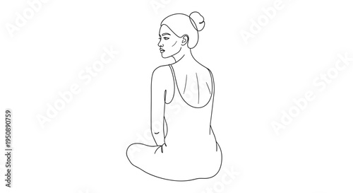 Elegant minimalist line drawing of a woman sitting in a meditative pose looking over her shoulder with a serene