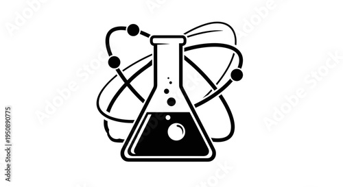 Abstract atom model with orbiting electrons surrounding a scientific beaker containing liquid symbolizing chemistry