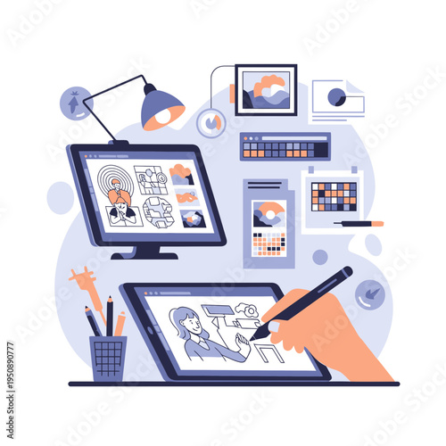 Digital Artist Creating Graphic Design Artwork Using a Drawing Tablet and Computer Monitor