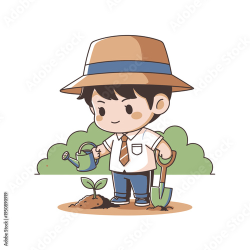 Gardening Chibi Character Planting Sprout with Watering Can and Spade