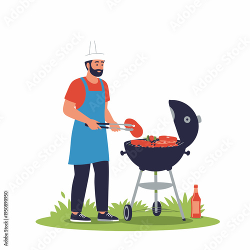 Grilling Man Turning Fresh Meat and Vegetables on a Barbecue Grill Outdoors in the Garden