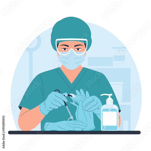 Healthcare Worker Preparing for Surgery by Carefully Wearing Surgical Gloves and Protective Gear