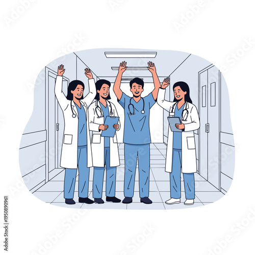 Healthcare Team of Smiling Doctors and Nurses Celebrating Success in a Hospital Corridor