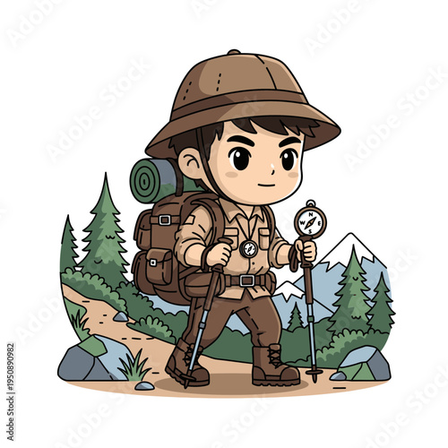 Hiker Character Walking on a Scenic Mountain Trail with a Backpack and Compass Illustration