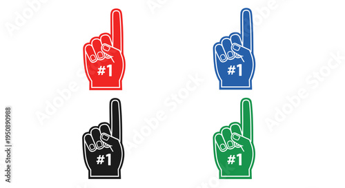 Four colorful foam fingers in red blue black and green each displaying the number one and a star symbolizing victory