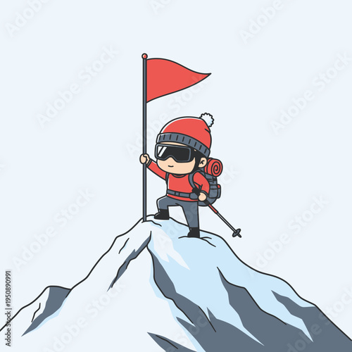 Hiker Standing Proudly on a Snowy Mountain Peak Planting a Red Flag Symbolizing Success and Achievement