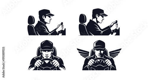 Modern driver icon set silhouette of man driving car interior profile and front view wings emblem vector graphics