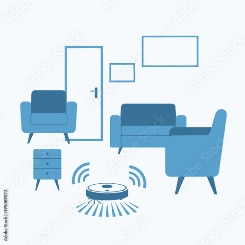 Robot Vacuum Cleaner Automatically Sweeping the Floor in a Modern Smart Home Living Room with Furniture