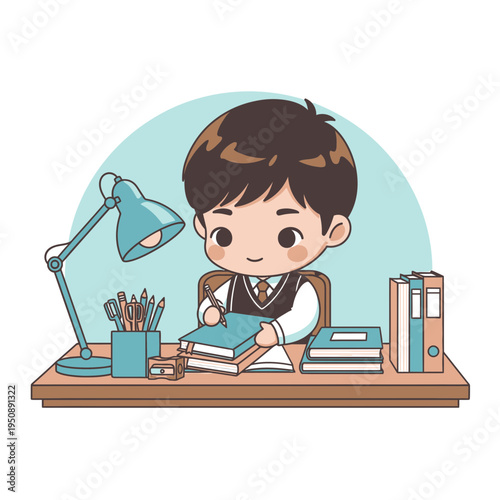 Student Diligently Studying at Desk with Books and Lamp Cute Cartoon Illustration