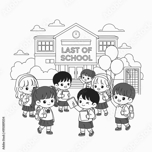 Students Cheerful Chibi Group Celebrating the Last Day of School with Balloons and Books Outside Their School Building