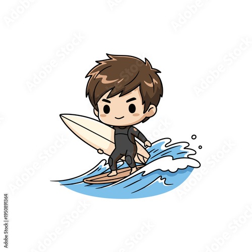 Surfing Chibi Cartoon Boy Riding a Wave During Summer Vacation Fun Vector Illustration Graphic