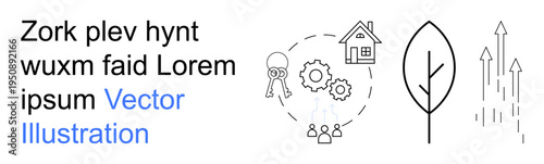 Sustainability, housing market, teamwork, business strategy, growth, eco goals. Minimalist line-style icons of a house, leaf team gear keys and arrows. Sustainability and housing market concepts
