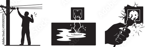 Electrical Hazards Person Touching Wires Water Short Circuit Hand Inserting Plug Isolated on white background