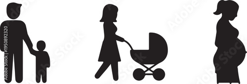 Family Icons: Father Child Mother Stroller Pregnant Woman Isolated on white background