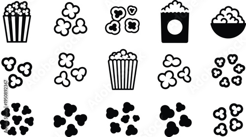 Popcorn bucket icon set, cinema snack silhouettes, fluffy corn kernels in striped bags, salty movie food vector illustrations, theater concession stand symbols