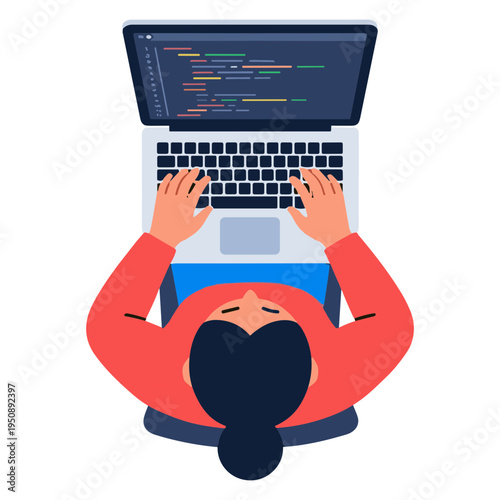 Person typing on laptop with code on screen from above view
