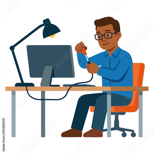 Man sitting at desk fixing a computer with a cord and looking pleased