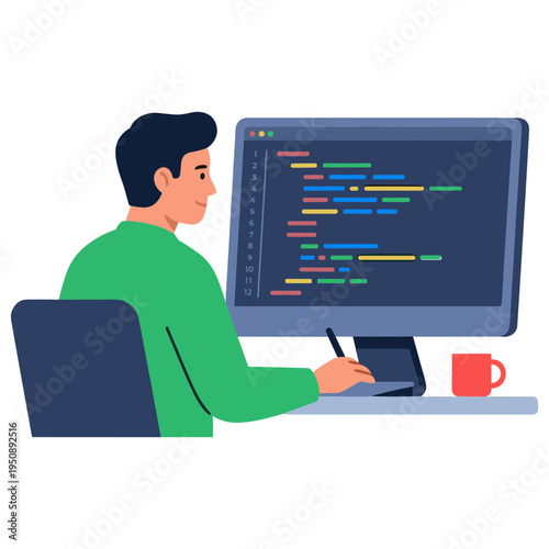 A man sits at a desk working on a computer with coding on the screen