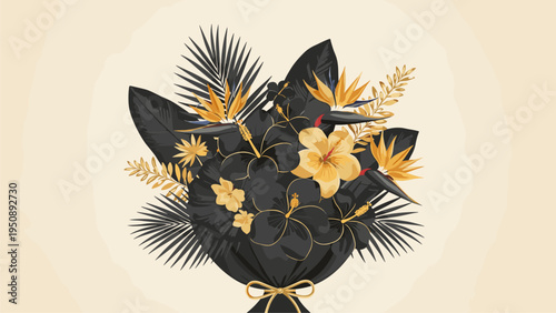 Luxury Tropical Flower Bouquet Black & Gold Floral Arrangement Design