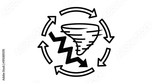 Dynamic cyclical storm illustration with lightning bolt and swirling arrows representing weather patterns natural