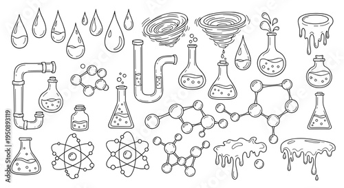 Collection of science and chemistry icons featuring beakers molecules atomic structures and liquid drops hand drawn