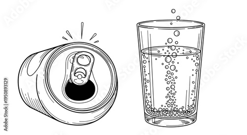 Refreshing carbonated beverage in a clear glass with bubbles next to an open aluminum soda can hand drawn sketch style