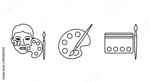 Set of artistic icons representing face painting art palette with brushes and makeup kit symbolizing creativity