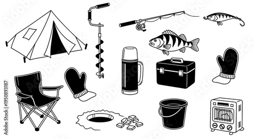 Collection of winter ice fishing gear and equipment including a tent auger rod fish thermos chair and heater depicted