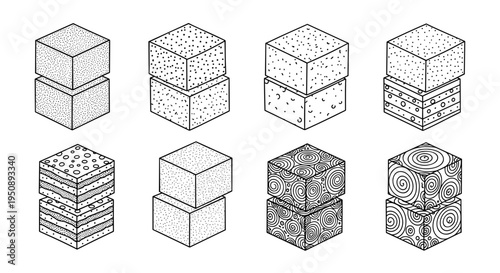 Collection of isometric cubes and blocks with diverse textures and patterns presented in a clean minimalist line art