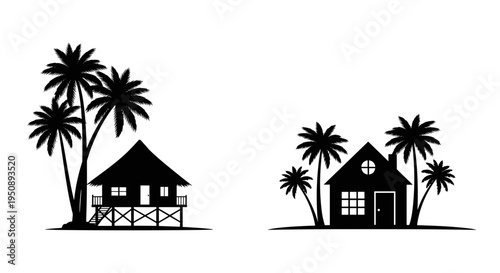 Silhouettes of tropical beach bungalows and houses nestled among palm trees evoking vacation and resort imagery