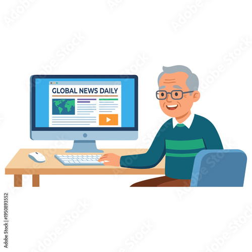 Elderly man reading news on computer at desk in office