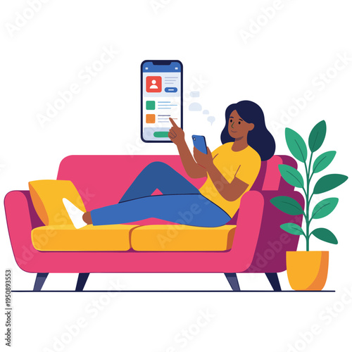 Woman relaxes on couch with phone and tablet in hand