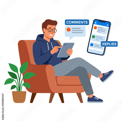 Man sitting in chair reads tablet with comments replies on phone nearby