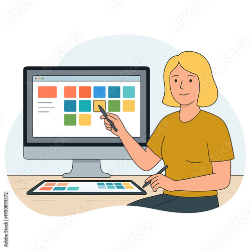 Woman sitting at desk uses stylus on computer screen with color palette