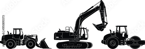 Black silhouette construction machinery set with excavator loader tractor and road roller isolated on light background for engineering building and roadwork industry