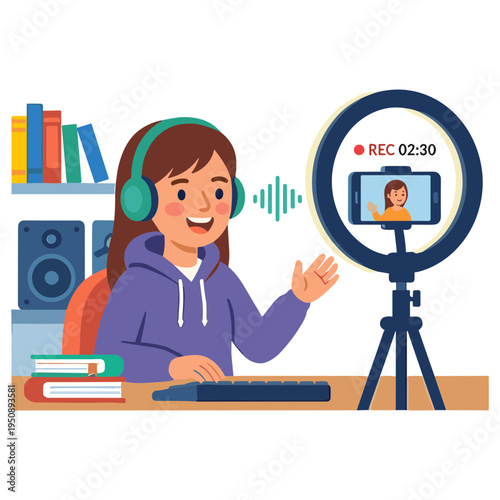 A woman records herself on a camera while sitting at a desk with books and wearing headphones.
