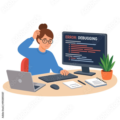 Woman debugging code on computer with error message on screen at desk