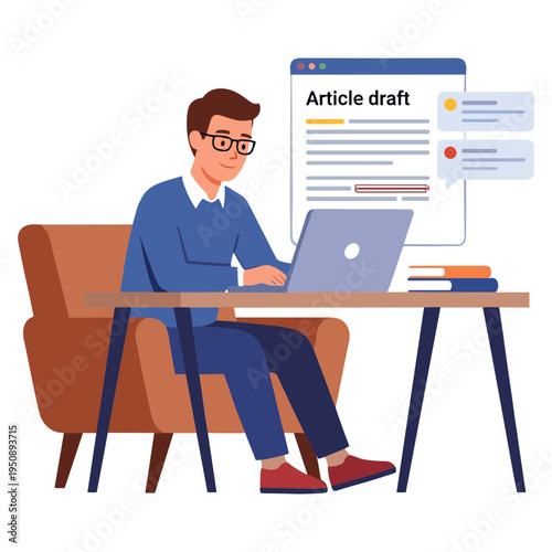 A man works on a laptop at a desk with books and a large article draft on the screen.