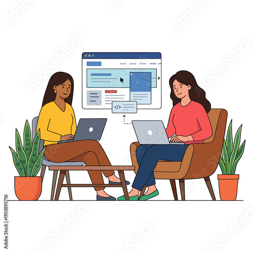 Two women sit with laptops discussing a website on a large screen