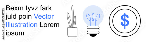 Sustainability, renewable energy, investment, eco-friendly design, financial concepts, modern business visuals. Potted plant, lightbulb with leaves dollar sign in a circle. Sustainability