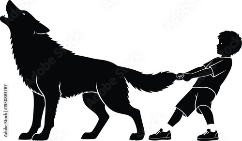 Boy pulling large wolf dog tail silhouette vector illustration playful child with pet animal black profile graphic isolated canine friendship concept design