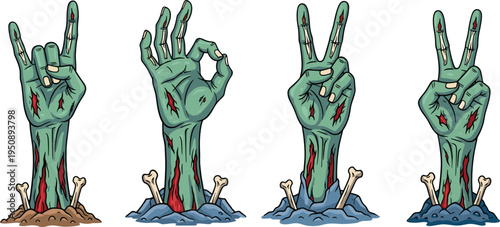 Set of green zombie hands rising from the ground making rock on peace and ok gestures creepy undead arms vector illustration for Halloween