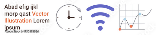 Time management, wireless communication, data trends, technology, statistics, connectivity. Clock, wireless signal and graph icons. Time management and wireless communication with modern data