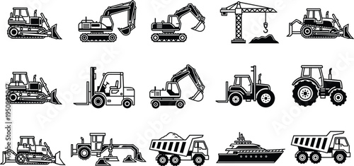 Construction and industrial machinery icon set including excavator, bulldozer, crane, forklift, tractor and dump truck, black silhouette equipment collection isolated background