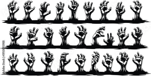 Creepy Black and White Zombie Hands Reaching From Ground Set in Vector Linocut Style for Halloween Horror Poster Design and Scary Undead Concept